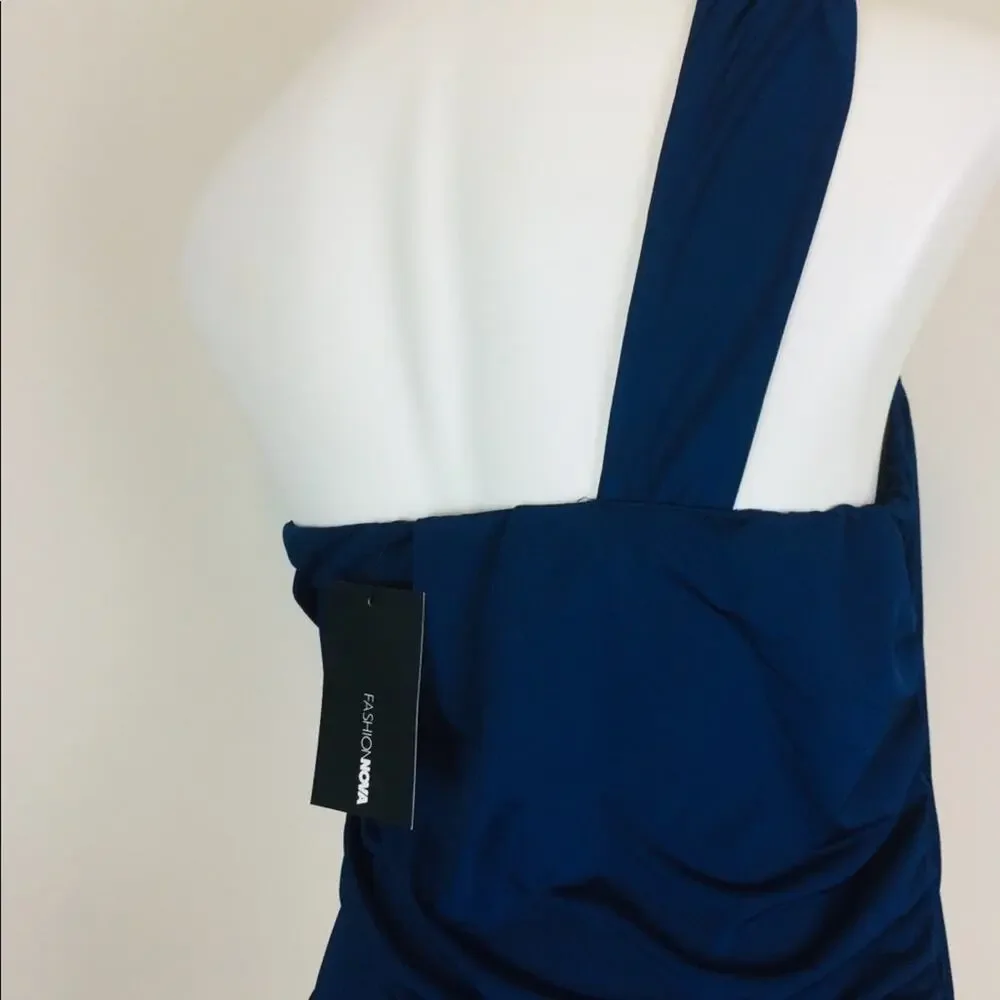 NWT Fashion Nova Tessa Ruched Midi Dress Navy One Shoulder Size 1X - Picture 10 of 12